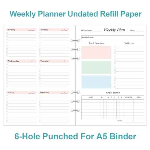 Weekly Planner Refills for A5 Binders - 53 Sheets/106 Pages Undated Colorful Weekly Planner, 6-Hole Punched, 100 gsm White Paper, Lasts 1 Year, Undated, 5.8" x 8.3"
