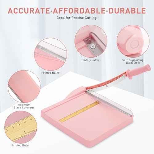 Paper Cutter, Paper Slicer with Safety Guard and Blade Lock, 12" Cut Length Guillotine Paper Cutter with 16 Sheet Capacity, Paper Cutters and Trimmers for Cardstock Cardboard (Pink)