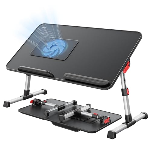 Laptop Desk for Bed with Cooling Fan, SAIJI Height & Angle Adjustable Laptop Stand for Bed, Lap Desk Tray Table, Lightweight Foldable Portable Computer Table for Couch Sofa Chair Floor Desk (Black)