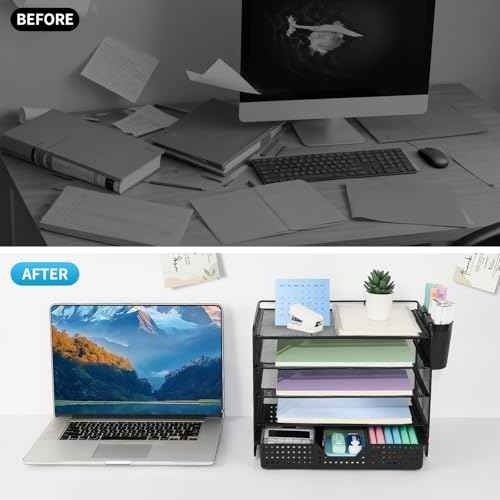 5-Tier Paper Organizer Letter Tray with Drawer & 2 Pen Holders, Desk Organizer and Accessories for Desktop File Workspace Organization, Office Desk Accessories Office Supplies Storage (Black)