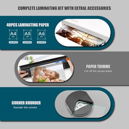 Laminator Machine with 40 Laminating Sheets, A4 Laminator Thermal and Cold with Paper Trimmer & Corner Rounder, 9-Inch Laminating Machine for Home School Office