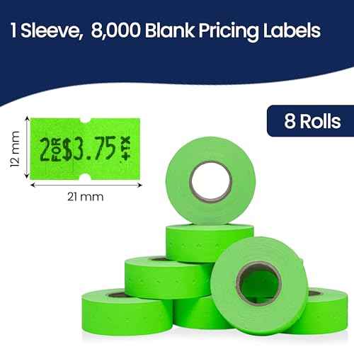 Perco 1 Line Fluorescent Green Labels - 8 Rolls, 1 Sleeve, 8,000 Blank Price and Date Gun Labels for Perco Lite, X, Plus and Pro 1 Line Price and Date Guns - Made in USA