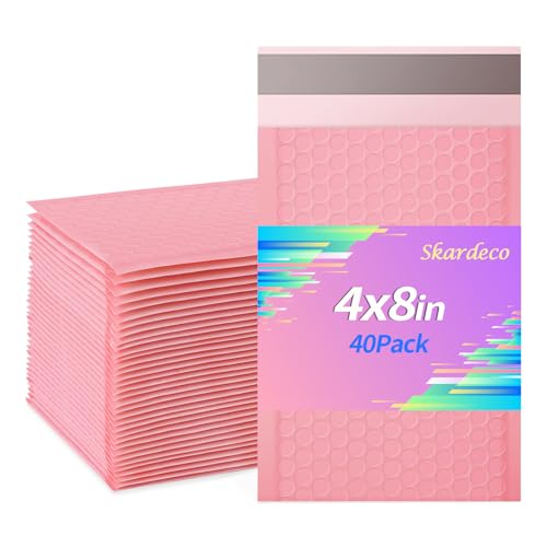 Skardeco 4x8 Inch Pink Bubble Mailers 40 Pack Self-Seal Padded Envelopes for Small Business Packaging (Pink, 4x8-40)