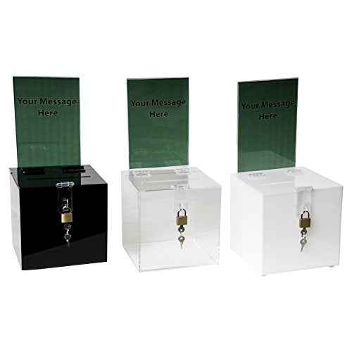 Clear-Ad - Acrylic Donation, Ballot, Raffle or Suggestion Box with Lock and Removable Sign Holder - Plastic Comment or Compaint Container - Plexiglass Multipurpose Box with Slot - Black (6x6)
