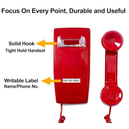 2554 No Dial Wall Phone with Metal Ringer, No Dialpad Wall Telephone,No AC Power Required, Wall Mount No Dial Phone, Wall Telephone Without Keypad for Hotel, Kitchen,Home,Bar, Garage, Red