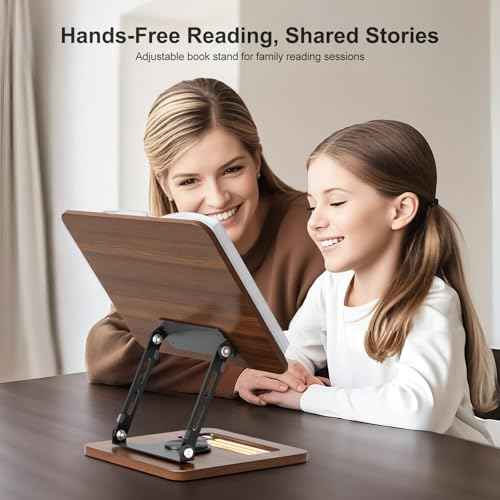 Book Stand for Reading, 360¡Æ Rotating Hands Free Book Holder, Adjustable Height and Angle, Page Clip for Cookbook, Recipe, Magazine, Laptop,Tablet, Foldable for Kitchen, Office, School