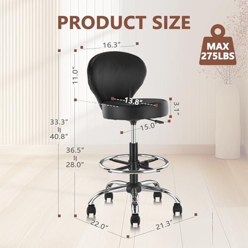 KLASIKA Black PVC Faux Leather Drafting Chair Rolling Stool 36in Adjustable Back/Foot Rest