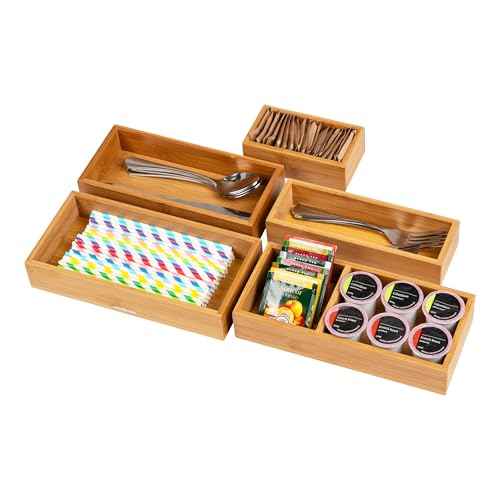 Mind Reader 7-Piece Bamboo Drawer Organizer Set, Storage Trays for Kitchen, Bathroom, Office, Makeup, Jewelry & More, Utensil Holder, Rayon from Bamboo, 21" L x 13.875" W x 2.375" H, Brown