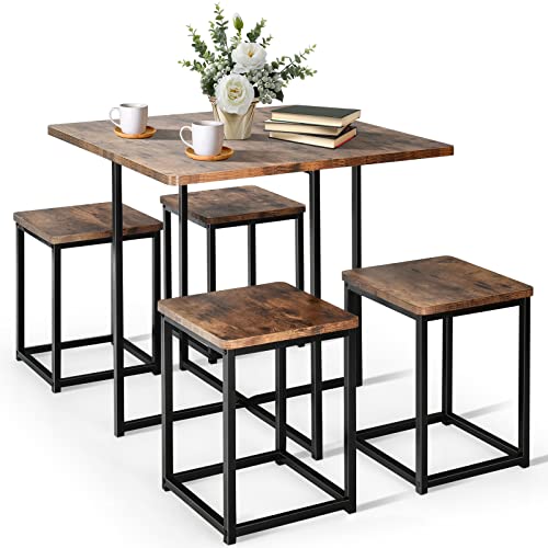 COSTWAY 5-Piece Dining Set for 4 Brown Square Table with 4 Stools