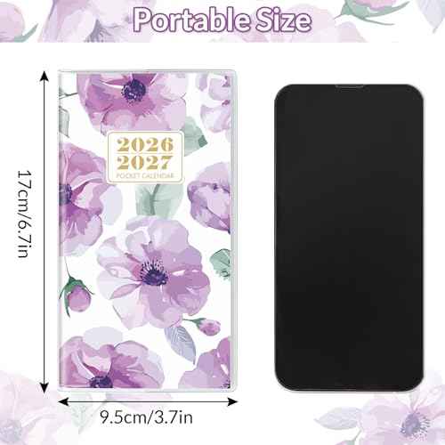 Pocket Calendar 2026-2027, Monthly Purse Planner - 6.7" x 3.7" - Runs from January 2026 Until December 2027, Floral Pocket Calendar with PVC Cover for Planning, Organizing and Office