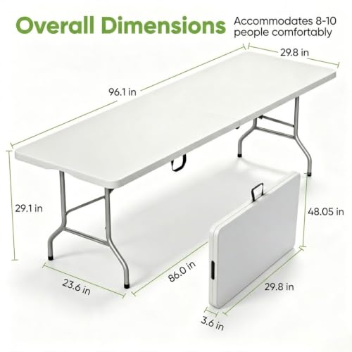 VISTACASA Heavy-Duty 8ft Folding Table White, 96in Long, 500 lb Capacity