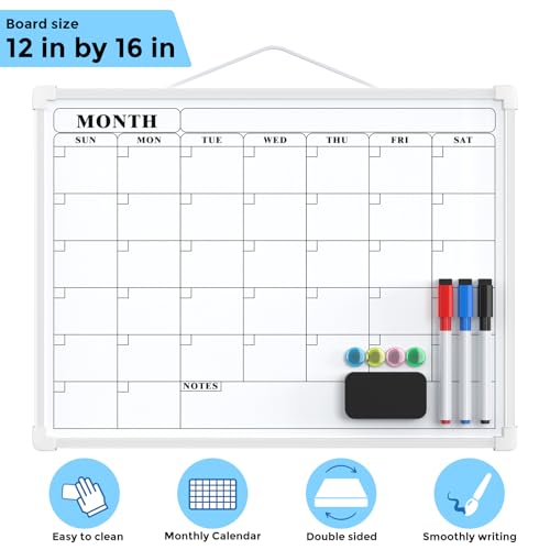 MaxGear Monthly Calendar Whiteboard - 16x12 Inch Dry Erase Wall Board with Magnetic Markers & Lanyard