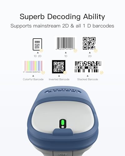 Inateck 2D Bluetooth Barcode Scanner - Wireless Handheld Scanner, Blue White