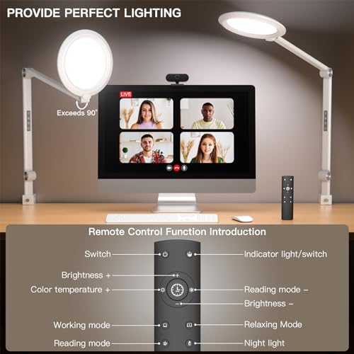 VERSKI LED Desk Lamp for Video Conferencing, Webcam Light, Reading Light, Dimmable 4 Color Modes, 18W Desk Light, Clip on Light, Eye Care Zoom Light, for Home Office and Office Use, White