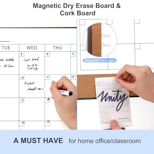 ARCOBIS 24x18 Black Wall Dry Erase Calendar with Cork Board, Includes Markers & Pins