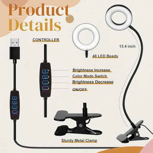 4 Pcs Clip on Light 48 LEDs USB Ring Light with 3 Color Modes and 10 Brightness Dimmable, Eye Protection, 360 Flexible Neck for Desk, Headboard, Reading