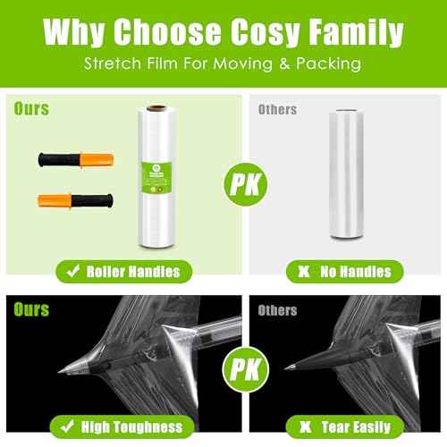 Cosy Family Plastic Wrap Stretch Film Roll - 1000ft 60 Gauge Industrial Strength 15 inch Wide Clear Plastic Wrap Roll with Handles for Pallet Wrapping Shipping Moving - Clear, Pack of 1