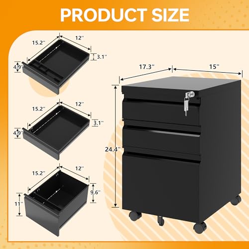 STANI 25" H 3-Drawer Mobile File Cabinet with Lock, Black, Under-Desk Locking Office Cabinet