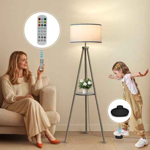 Floor Lamps for Living Room, Modern Standing Lamp with Shelf, 3 Color Temperature Led Bulb Tall Lamps with Foot Switch for Bedroom and Office, Grey
