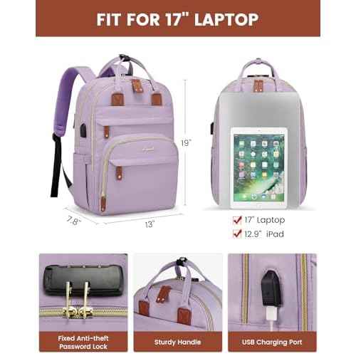 LOVEVOOK Laptop Backpack Purse for Women, Unisex Large Capacity 17 Inch Travel Anti-theft Bag, Work Business Computer Bags backpack, Casual Hiking Daypack with Lock, Light Purple