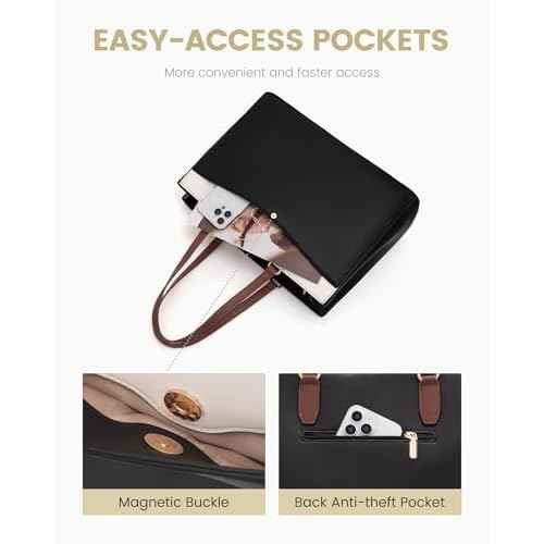 LOVEVOOK Laptop Tote Bag for Women, Work Bags Teacher Tote Bag, Waterproof Leather Computer Bag, Business Laptop Purse Office Handbag Professional Briefcase, 17 Inch, Black-Beige-Brown
