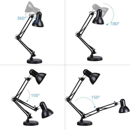 TORCHSTAR Metal Desk Lamp with Clamp, Swing Arm, Architect Adjustable Gooseneck Table Lamp, Clip Desk Lights for Home Office, Work, Study, Reading, E26 Base, Multi-Joint, Black