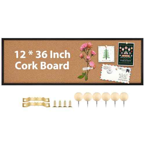 TORASO Cork Board Bulletin Board, Corkboard for Walls with Black Frame, Large Wall Mounted Cork Board with Installation Kit,11.8'' x 35.4'', Pin Tackboard for Home,Office, School (RMB-BK-3090)