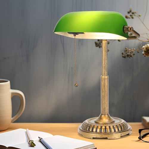 NISSAFORS Bankers Lamp, Green Desk Lamp with Pull Switch, Vintage Table Lamps for Home Office, Library, Piano (Green)