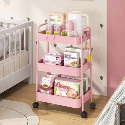 TOOLF Metal Utility Cart£¬3 Tier Rolling Cart wth 4 Hooks Storage Cart on Wheels Craft Cart with Handle for Organizer Storage for Classroom Office Dorm Home Pink