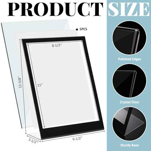 Kathfly 5 Pack Black Acrylic Sign Holder 8.5 x 11 - Slant Back Tabletop Display Stand for Menus, Flyers, Posters, Pricing & Event Signs - Durable Countertop Frame for Restaurant, Retail & Office