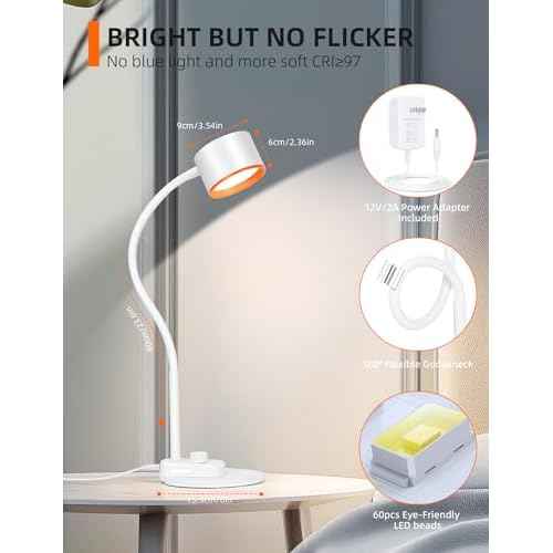 LED Desk Lamp, 1200LM for Home Office, Fully Dimmable Bedside Reading Lamp with USB C + A Charging Ports, 5 Colors, 12W Gooseneck Lamp, Metal Small Table Lamps for Bedroom Living Room White