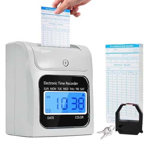 Employee Time Clocks for Small Business, Auto-Align Time Clock Punch Machine with 50-Piece Time Cards, Two Security Keys, and One Ink Ribbon Cartridge