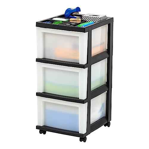 IRIS USA Plastic Drawer Storage Organizer Rolling Cart, with Wheels Casters, 3-Drawers, for Classroom Art Craft Supplies Dresser Closet Bathroom Laundry Room, Black/ Pearl