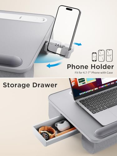 SAIJI Gray Portable Lap Desk with LED Light, Cushioned Bed Tray with Storage