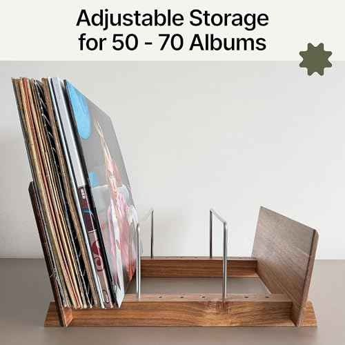 Vinyl Record Storage Holder - Solid Acacia Wood & Metal, Sturdy Record Storage for 50-70 Albums, Elegant Vinyl Holder