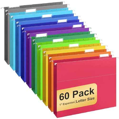 Hanging File Folders, 60 Pack Letter Size Hanging File folders with Tabs, Stay Organized for Your Home and Office Bulk File, Documents and Paper, 10 Colors