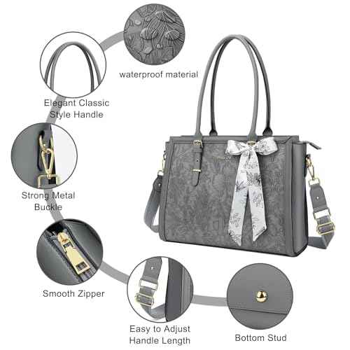 MOSISO Laptop Bag for Women, PU Leather Tote Bag, Front Embossed Retro Hibiscus Computer Bags with Silk Scarf&Clutch Purse