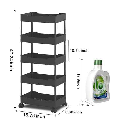 5-Tier Plastic Rolling Utility Cart, Rolling Storage Cart, Narrow Shelf, Bathroom Organizer Rolling Utility for Office, Kitchen,Bathroom,Living Room,Laundry Room