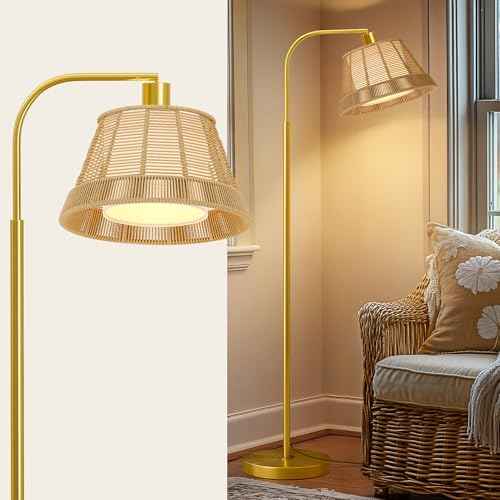 Oneach Arc Floor Lamp for Living Room,Rattan Boho Floor Lamp with Hand-Woven Wicker Shade, Gold Metal Base & Pole,Foot Switch,Farmhouse Standing Lamps for Bedroom Corner,Reading