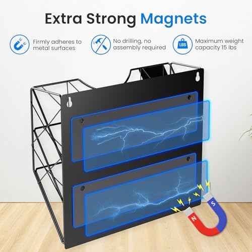 Magnetic File Holder for Refrigerator & Cabinets | No-Drill Wall Mount Organizer | 3-Tier Vertical Mail & Magazine Holder for Office/Home (Black, Space-Saving Design)