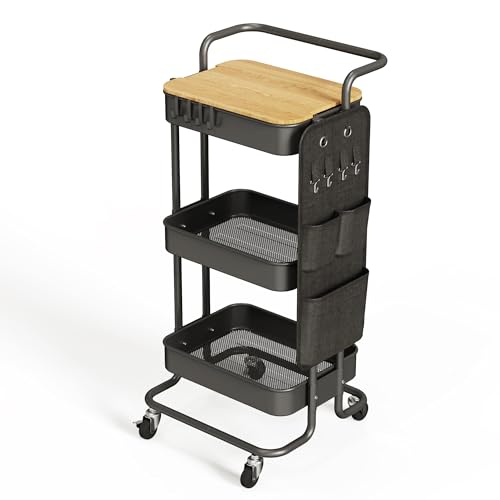 DTK Black 3-Tier Metal Utility Rolling Cart with Tabletop & Side Bags