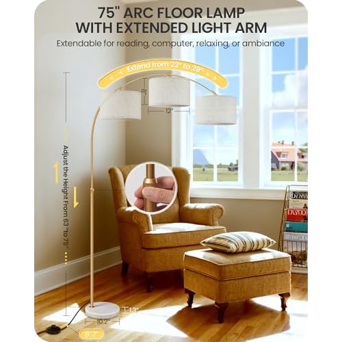 75" Arc Floor Lamp with Marble Base and Adjustable Height, Rotating Hanging Shade, Dimmable Gold Floor Lamp for Living Room with Remote and Foot Switch, 3 Color Temperatures, Timer, DE15LD05