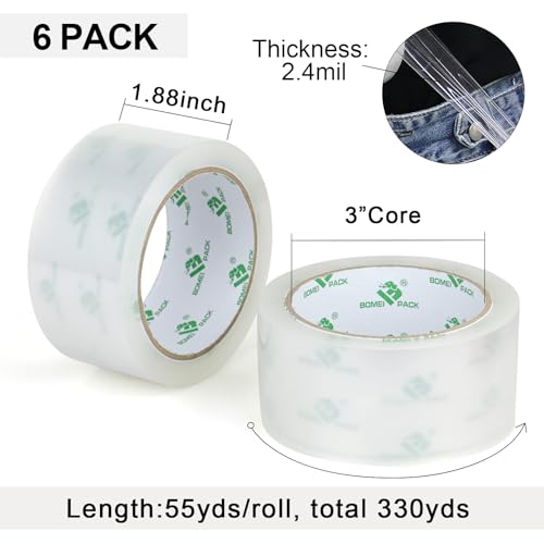 BOMEI PACK No Noise Clear Packing Tape 1.88in x 55yds Refill Rolls Heavy Duty, 6 Rolls with Dispenser