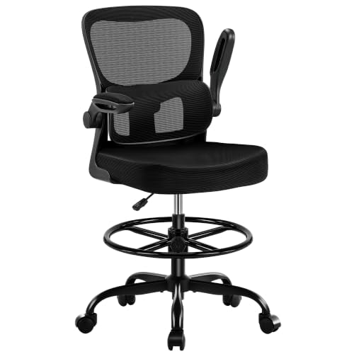 AreShark Black Drafting Chair - Ergonomic Tall Office Chair with Lumbar Support, Flip-Up Armrests, Breathable Mesh, Adjustable Foot Ring