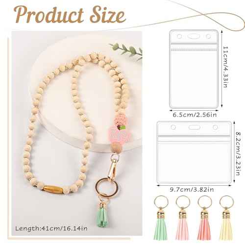 Teacher Gifts Lanyard with ID Holder Cute Wooden Beaded Lanyards for ID Card Badges Holder Boho Tassel Key Ring for Women