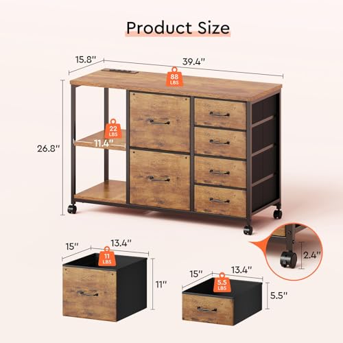 Maihail Rustic Brown 6-Drawer File Cabinet with Charging Station and Open Shelf