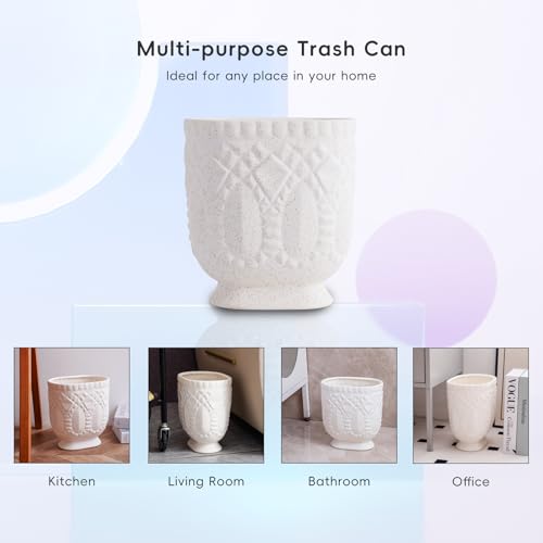 Bathroom Trash Can, Ceramic Wastebasket Garbage Container for Bathroom, Bedroom, Dorm, College, Office, Beige-White Decorative Compact Trash Can