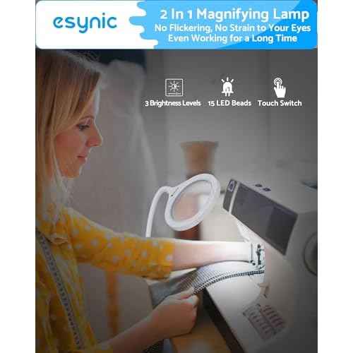 eSynic Magnifying Glass with Light and Stand USB-C Rechargeable 5X &10X 110mm Large Len 15 LEDs 3 Brightness Levels Flexible Desktop Magnifier Lamp with Clamp & Base for Reading Crafts Jewelry Repair