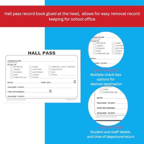 School Hall Pass Book - 100 Pre-Printed Student Bathroom & Classroom Passes, A6 Size