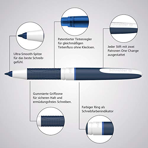 Schneider One Change Rollerball Pen, Refillable, 0.6 mm Ultra-Smooth Tip, Blue/White Barrel, Black Ink, Box of 5 Pens (183701)